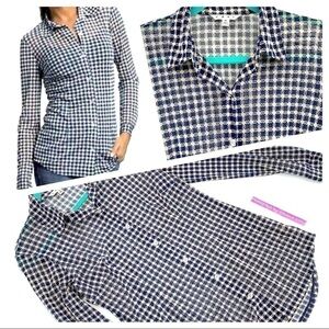 CAbi Navy Cream Sheer Mesh Button Down Blouse Sz M